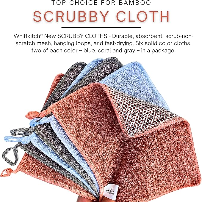 Whiffkitch® Scrubby Cloth – 6-Pack, Dishcloths, Dishrags for Kitchen and Household Cleaning 6x7, 2-Sided, Non-Scratch, Bamboo-Rayon, Scrub Mesh, Quick Dry, Washable, Reusable