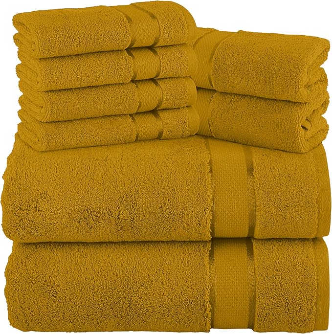 Elegant Comfort Premium Cotton 8-Piece Towel Set, Includes 4 Washcloths, 2 Hand Towels and 2 Bath Towels, 100% Turkish Cotton - Highly Absorbent and Super Soft Towels for Bathroom, Gold
