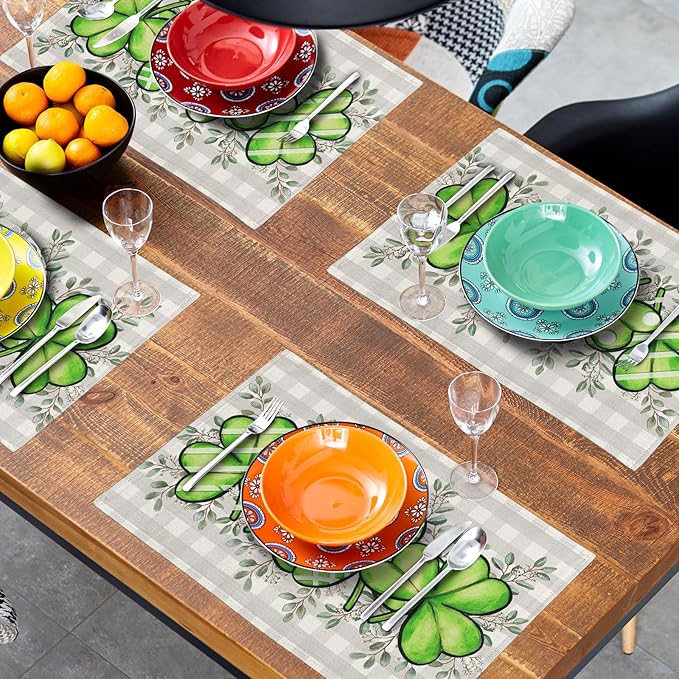 Shamrock St. Patrick's Day Placemats Set of 4 Eucalyptus Leaf Non-Slip Place Mat 12x18 Inch Spring Seasonal Holiday Bufflao Plaid Table Mats for Party Kitchen Dining Decoration