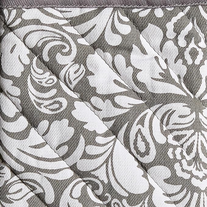 DII Quilted Kitchen Oven Mitt & Potholder Set, Hanging Loop for Convenient Storage, OM 6.5x12/PH 8x8.5, Gray Damask Print, 2 Piece