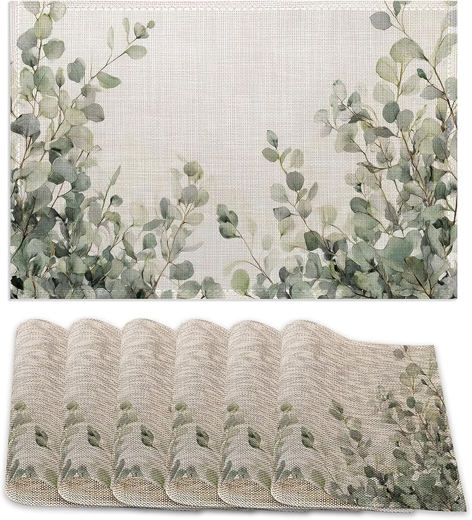 Watercolor Eucalyptus Leaves Placemats Set of 6, Green Branches Table Mates Non-Slip Heat Resistant Washable Linen Place Mats for Party Kitchen Dining Decoration Indoor Outdoor 12"x18"