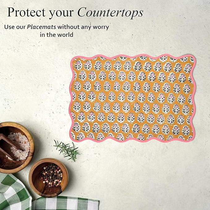 CPC Cotton Placemats Citrine Yellow Set of 4-Hand Block Printed Reversible Placemats, Flower Scalloped & Embroidered Cloth Table Mats - 14 x 20 inch Gift for Spring, Mother's Day