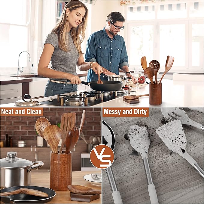 Mooues 12 Piece Wooden Spoons for Cooking, Wooden Utensils for Cooking with Utensils Holder, Natural Teak Wooden Kitchen Utensils Set with Wooden Spoon Rest, Comfort Grip