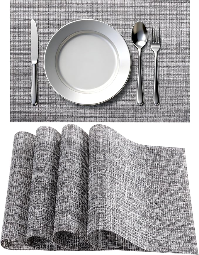 Timeet Placemats Set of 4, Heat Resistant Non-Slip Place Mats, Durable Washable PVC Vinyl Woven Table Mats, Linen Textured Table Placemats for Dining Kitchen Resistant Easy to Clean(Gray)