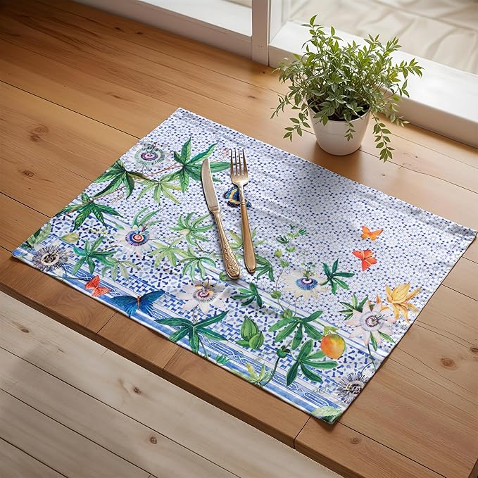 Maison d' Hermine Placemats Set of 4 100% Cotton Washable Cloth Place Mats Reusable Table Mats for Kitchen Dining Party Wedding Gifts for Mothers Day Spring/Summer (Passiflora, 13" x 19")