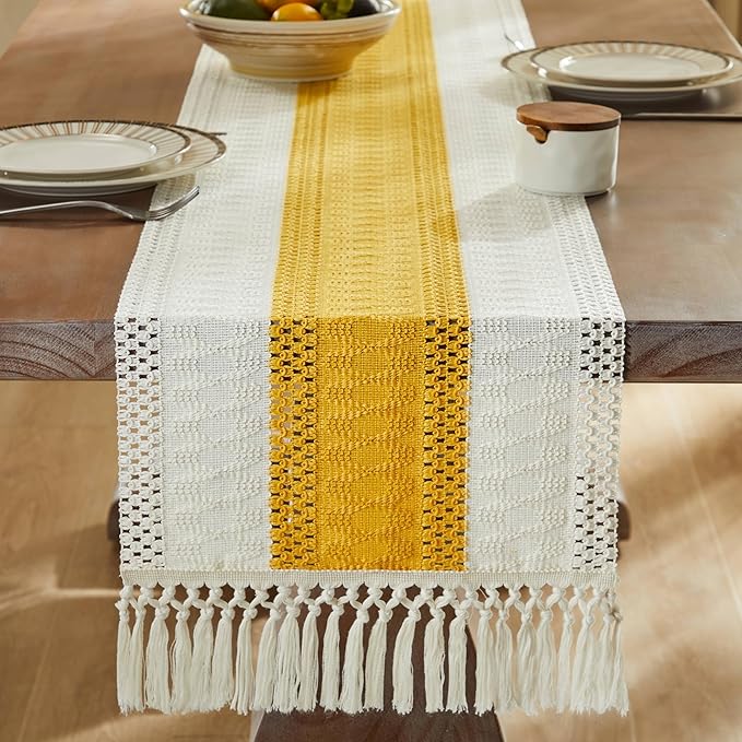 ZeeMart Macrame Style Bicolor Stitching Table Runner, 14 x 60 Inch Mustard/Ivory, Boho Yellow Table Runners 60 Inches Long, Farmhouse Woven Home Decor
