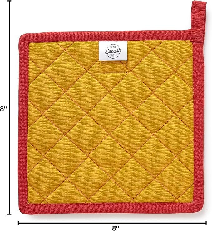 Encasa XO Heat Resistant Cotton Pot Holders with Hanging Loop - Set of 2 - Mango - Multipurpose Quilted Everyday Hot Pad for Kitchen, Camping, BBQ & Microwave - 8x8 in