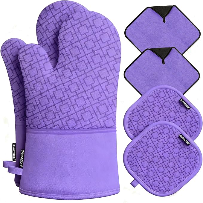 Oven Mitts and Pot Holders Sets 6pcs, Kitchen Oven Glove,High Heat Resistant 550 Degree Extra Long Oven Mitts and Potholders with Non-Slip Silicone Surface for Home Essentials (Grey) (Purple)