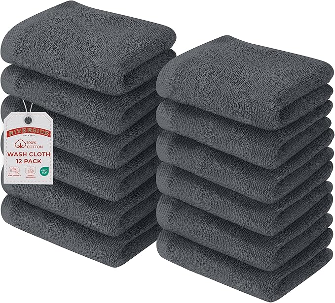 RIVERSIDE Pack of 12 Washcloths, 12 x 12 Inches, 100% Cotton, Premium Flannel Face Cloths, Highly Absorbent & Soft Feel Fingertip Towels (Grey, 12 Pack)