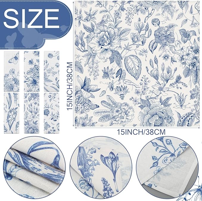 VitalCozy Cloth Napkins-15 x 15 Inch Soft Fabric Napkins Bulk Cloth Washable Reusable Plants Floral Square Napkin Cotton Dinner Towel for Spring Tea Party(Blue White Flower,48 Pcs)