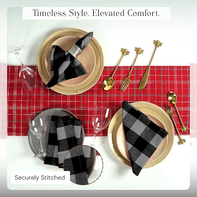 Buffalo Plaid Cloth Napkins, Set of 4, Soft, Durable, Table Fabric Napkins, Check Napkins for Dinner, Wedding, Restaurant, Buffet, Party, Halloween - Light Grey, Black White (16"x16")