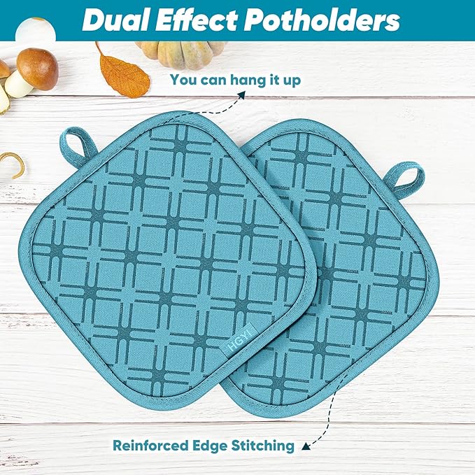 Oven Mitts and Pot Holders Set with Dishcloths, 500 Degree Heat Resistant Oven Gloves and Hot Pads, Premium Soft Cotton Kitchen Mittens and Dish Cloth Sets-Lake Blue