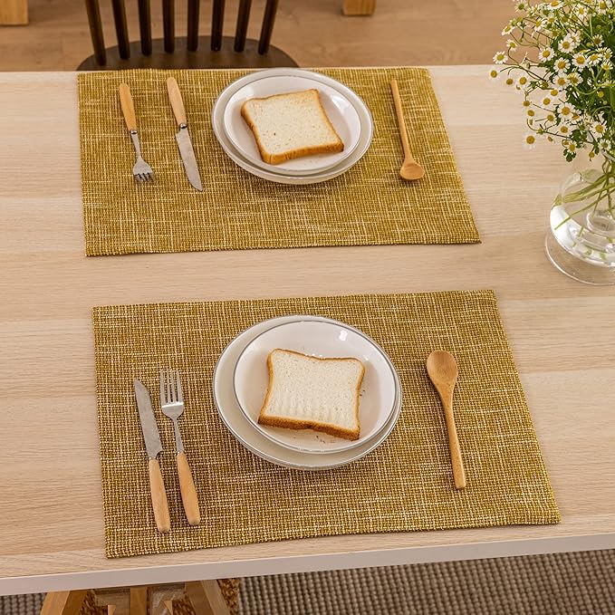 Kevin Textile Burlap Linen Placemats Set of 6 Heat Resistant Dining Table Place Mats Washable Kitchen Table Mats for Dinning Party Holiday Indoor Outdoor, 13 x19 inches, Honey Yellow