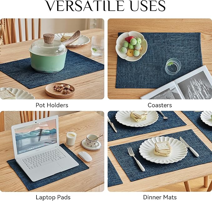Softalker Faux Linen Placemats Set of 4-12 x 18 Inch, Heat Resistant Double Layered Durable Burlap Farmhouse Place Mats, Non-Slip Washable Rustic Table Mats for Dining, Kitchen, Party（Navy Blue