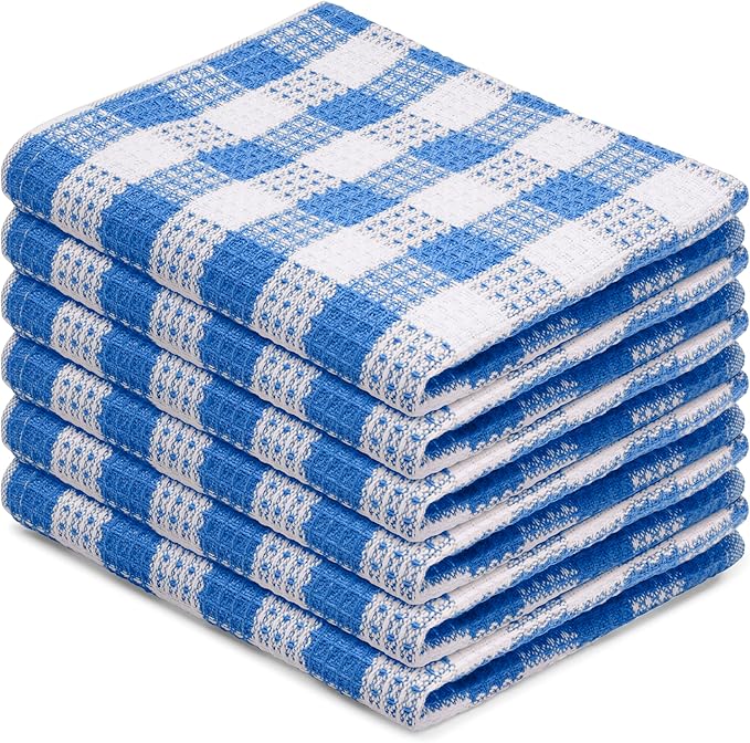 Blue Needles Set of 6 Waffle Weave Check Plaid Dish Cloths, 12x12 Inches 100% Cotton Dish Towels for Kitchen, Ultra Soft & Absorbent Kitchen Towels for Quick Drying Spring Summer - Sky Blue & White