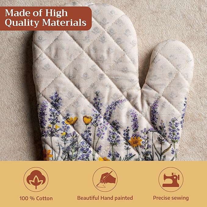 Maison d'Hermine Oven Gloves 100% Cotton Oven Mitt 7" x 13" with Loop Heat Resistant BBQ Cooking Gloves Baking Grilling Gifts for Mothers Day Spring/Summer (Pack of 1, Fanny Lavender)