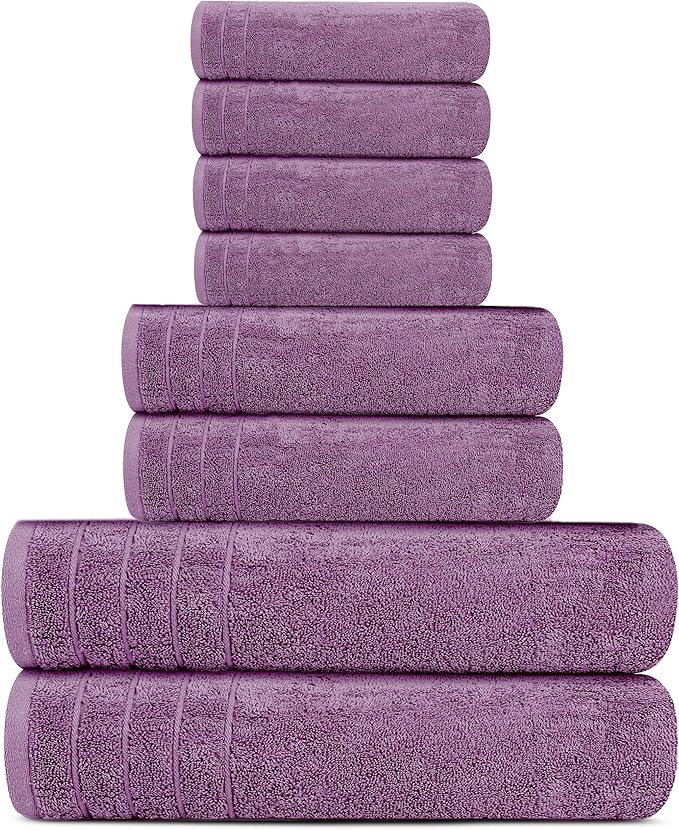 Tens Towels Pack of 8 Towels Set, 2 Extra Large Bath, 2 Hand, 4 Washcloths, 100% Cotton, Lighter Weight, Quicker to Dry, Super Absorbent, Perfect for Bathroom, Purple