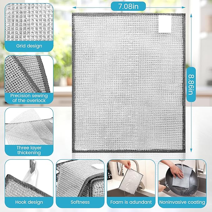 20 Pcs New Upgrade 3-Layer Metal Dish Cloth, No Scratches and No Odor, Multipurpose Wire Dishwashing Rag for Wet and Dry, Kitchen Cleaning Dish Rags,Sinks, Dishes, Stove Top, Dimensions(7.08x8.86)