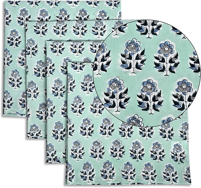 CPC Poppy Blue Indian Block Print Cotton Cloth Napkins Set of 4, 18x18 Reusable Everyday Napkins, Soft, Absorbent, Floral Dinner Napkin, Holiday, Party Gift, Spring,Mother's Day