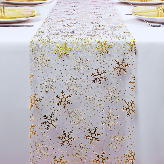 Snowkingdom 2 Pcs Christmas Snowflake Gold Table Runner Sparkly Golden Metallic Foil Runners Decorations Glitter for Winter Festival Holiday Home Party Seasonal