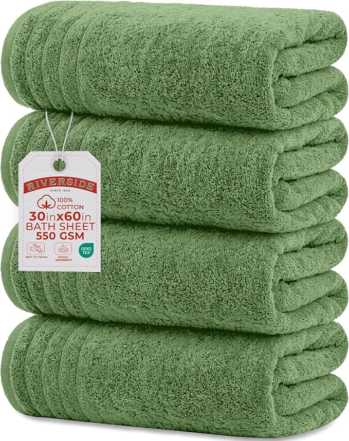 RIVERSIDE Pack of 4 Premium Extra Large Sage Green Bath Towels 30 x 60 Inches, 100% Cotton, Super Soft & Highly Absorbent, Larger & Lighter Weight, Quicker to Dry, Perfect for Bathroom