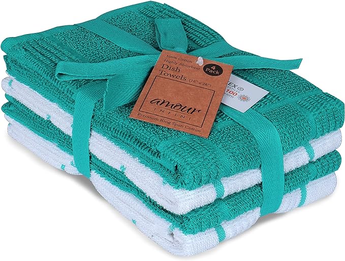 AMOUR INFINI Kitchen Towels Pack of 4, Terry Cotton Dish Towels, Ultra Absorbent, Quick Drying Hand & Tea Towels, Soft Durable Cleaning Cloths with Hanging Loop, 16 x 26 Inch (Teal)