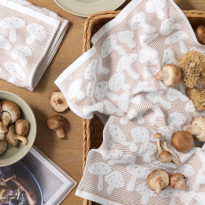 Martha Stewart Woodland Harvest Jacquard Mushrooms Kitchen Towel 2-Pack Set, 100% Cotton with Absorbent Honeycomb Texture, Decorative Kitchen Towels, Brown, 16"X28"