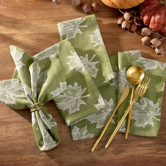 Elrene Home Fashions Falling Leaves Jacquard Cotton Dinner Napkins, Set of 8, 17"x17", Green