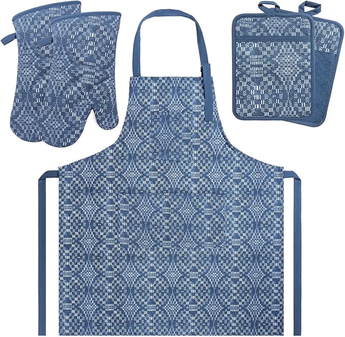 Oven Mitts and Pot Holders with Cooking Apron Set of 5, Heat Resistant Kitchen Gloves and Silicone Non-Slip Potholders (Dusty Blue)