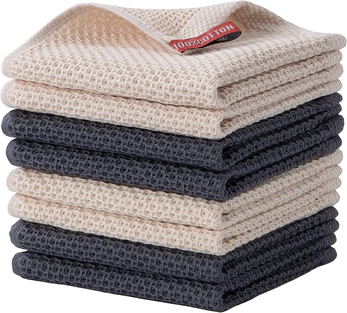 joybest Cotton Kitchen Dish Cloths, 8-Pack Waffle Weave Ultra Soft Absorbent Dish Towels Washcloths Quick Drying Dish Rags, 12x12 Inches, Beige and Dark Grey