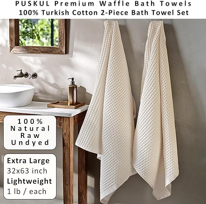 PÜSKÜL Undyed-Raw Waffle Bath Towels Set of 2-Piece | Organic Natural 100% Turkish Cotton Towel | Premium Quality Body Towels for Bathroom & Sauna | 32x63 inch Large Bath Sheet | Earthy Spa Experience