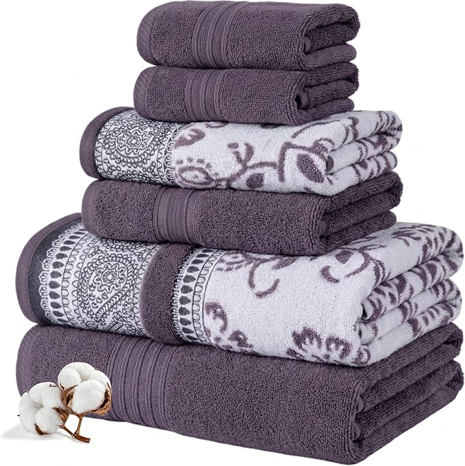 Modern Threads Floral Trail 6-Piece 100% Cotton Towel Set – Reversible Yarn Dyed Jacquard – Includes 2 Bath Towels, 2 Hand Towels, 2 Washcloths – Absorbent, Quick Dry, Soft & Durable – Purple