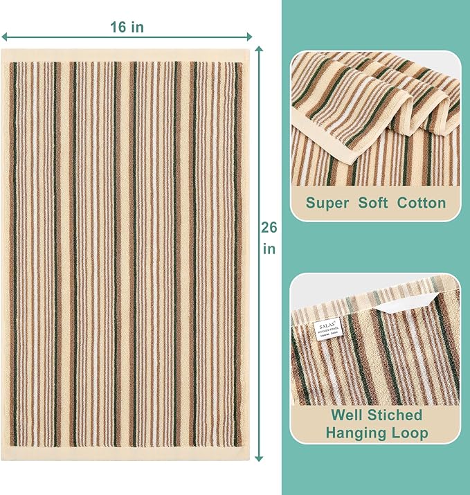 SALAS Premium Cotton Kitchen Dish Towels for Drying Dishes,Large Long 390GMS Hand Towels, Thick Highly Absorbent Dish Cloth Towel Sets with Hanging Loop, 16" X 26", 3 Pcs, Beige