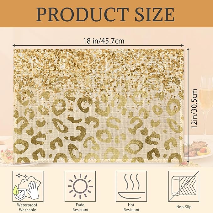 Gold Glitter Leopard Placemats Set of 6 Place Mats for Kitchen Table Washable Farmhouse Linen Table Mats Dining Decoration 12x18 Inch