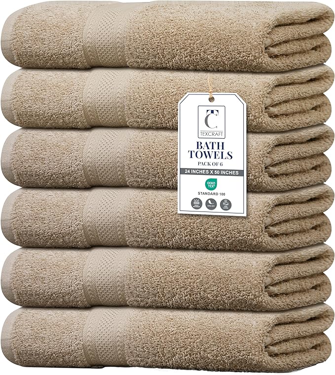 Large Bath Towels Set of 6 – 100% Cotton Terry – 24" x 50" – Quick Dry, Soft & Highly Absorbent – Beige Towels for Bathroom, Gym, Spa, Pool & Daily Use