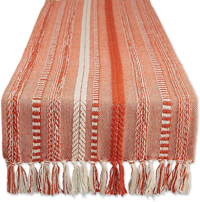 DII Farmhouse Braided Stripe Table Runner Collection, 15x72 (15x77, Fringe Included), Vintage Red