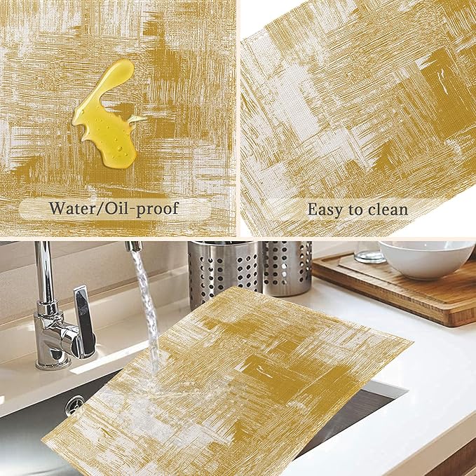 Yellow Beige Placemats Set of 6,Washable Heat Resistant 12×18 Inch Linen Table Mats Modern Place Mats for Party Outdoor Dining Décor