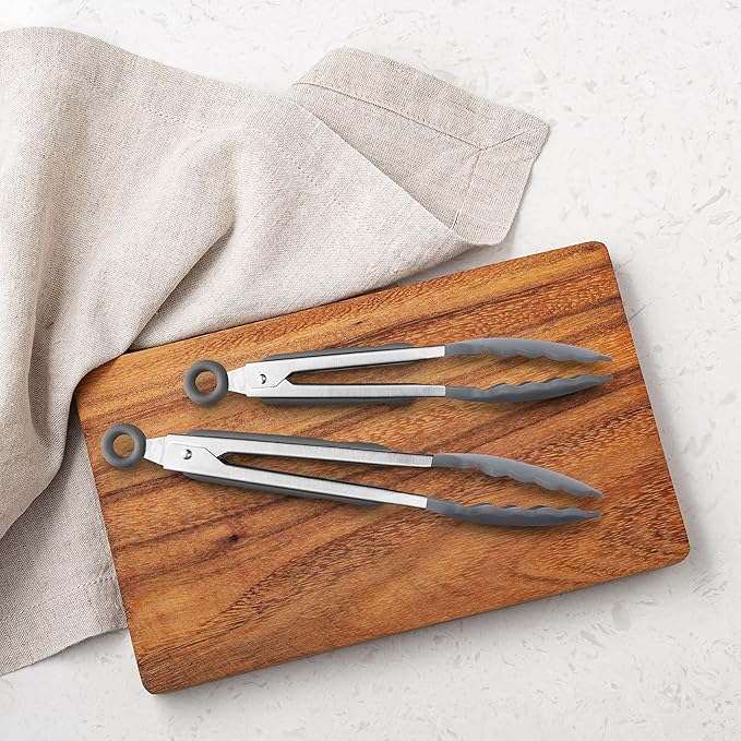 Tovolo Stainless Steel Tongs with Silicone Tip Set 9" 12" with Easy Lock Mechanism for Grilling Air Fryer Cooking Serving Salad, Heat Resistant Silicone Tipped Kitchen Tongs Charcoal Gray