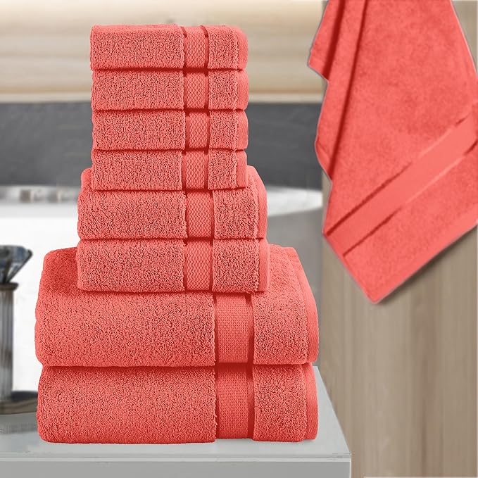 Elegant Comfort Premium Cotton 8-Piece Towel Set, Includes 4 Washcloths, 2 Hand Towels and 2 Bath Towels, 100% Turkish Cotton - Highly Absorbent and Super Soft Towels for Bathroom, Coral