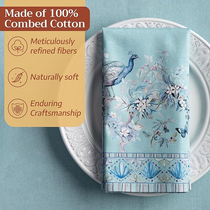 Maison d' Hermine Napkin 100% Combed Cotton Premium Set of 4 Decorative Washable Table Cloth Napkins for Dining, Home, Wedding, Banquet, Peacock Utopia - Pastel Turquoise (20”x20”)