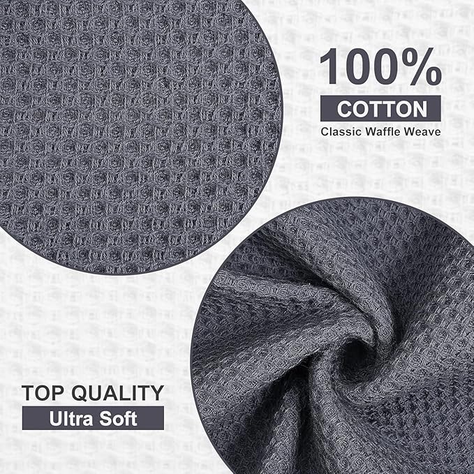 Homaxy Kitchen Towels and Dishcloths Set, 12 x 12 and 13 x 28 Inches, Set of 12 100% Cotton Waffle Weave Kitchen Towels, Super Soft and Absorbent Dish Cloths, Dark Grey