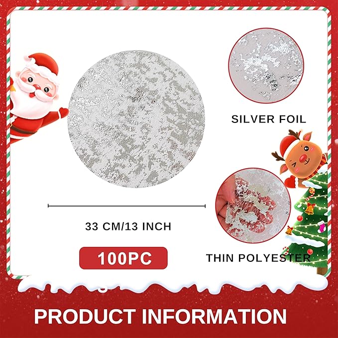 Snowkingdom Silver Disposable Placemats Set of 100 Foil Mesh 13 Inch Round Table Mates Bulk 100 Pack Silver Doilies for Dining Table Wedding Birthday Party Holiday Home Decoration