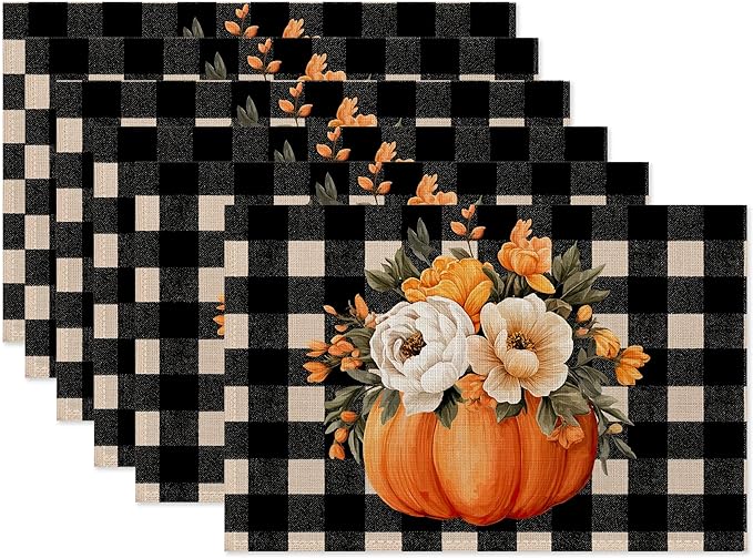 Plaid Pumpkin Placemats Set of 6,Flower Dinner Table Mats Non-Slip Washable Mats for Kitchen Dinner Party Tablemat 12x18Inch