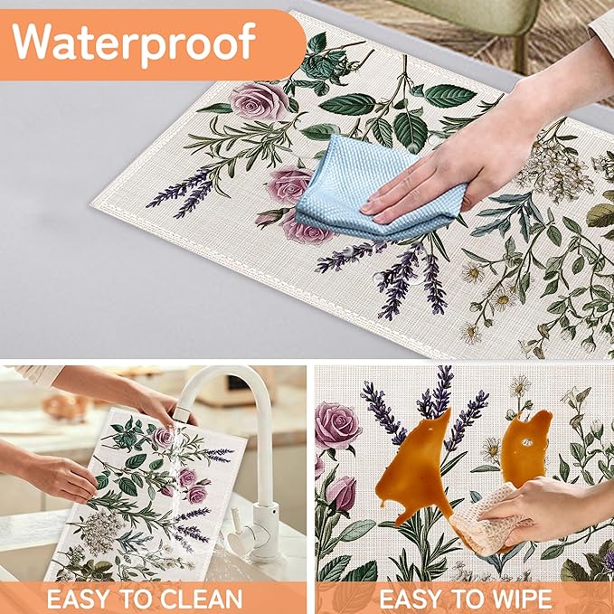 Vintage Flower Placemats Set of 6,Herb Plants Dinner Table Mats Non-Slip Washable Mats for Kitchen Dinner Party Tablemat 12x18Inch