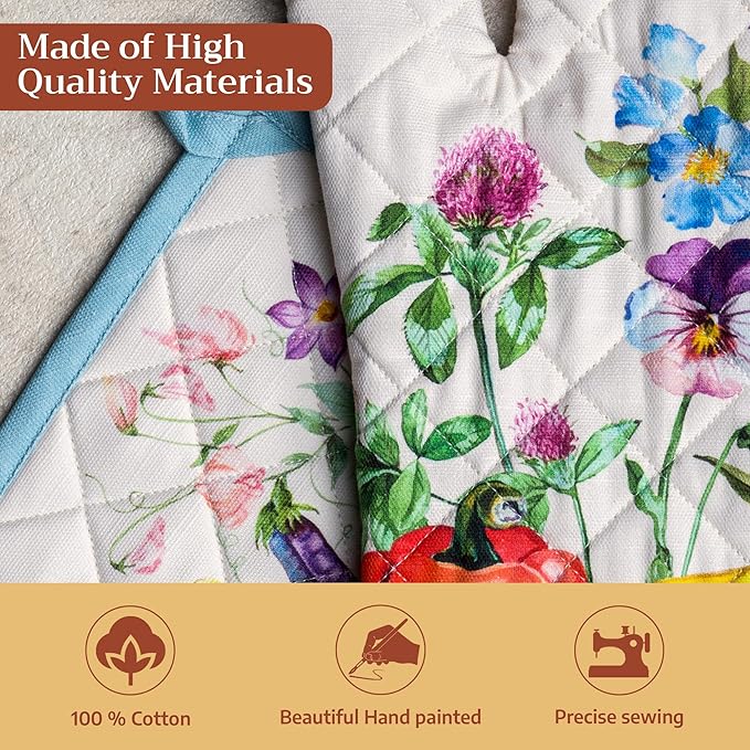 Maison d' Hermine 100% Cotton Oven Mitt & Pot Holder Set (7.5"x13" & 8"x8") Heat Resistant BBQ Cooking Gloves with Loop Baking Grilling Kitchen Gifts for Mothers Day Spring/Summer (Giverny)