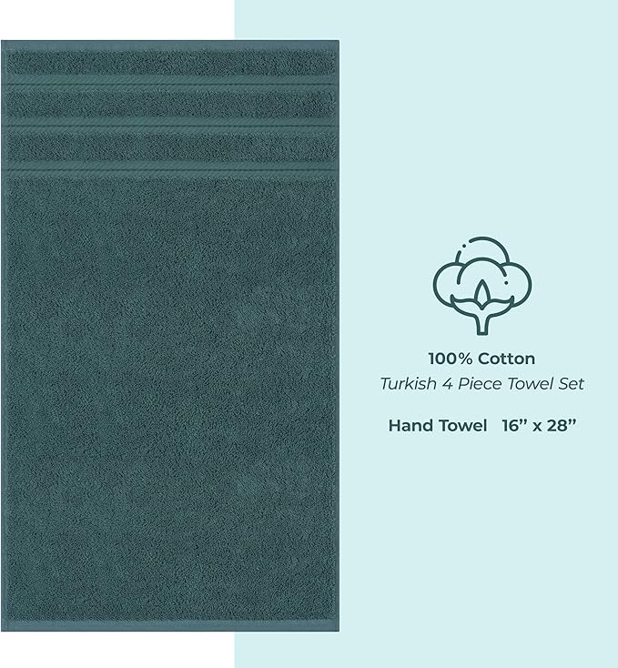 American Soft Linen Luxury Hand Towels for Bathroom, 600 GSM Heawy Weight 16x28 Size 100% Cotton Turkish 4 Piece Hand Face Towel Set, Teal Hand Towels