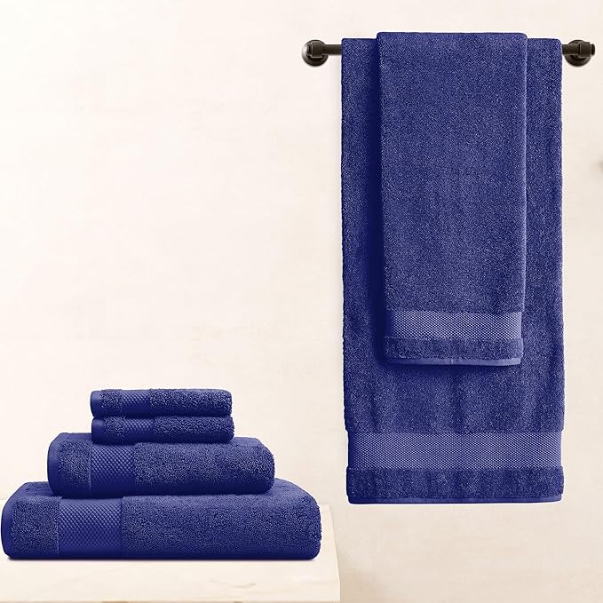 BIOWEAVES 100% Organic Cotton Bath Towel Set | 700 GSM Plush 6-Piece Premium Towel Set GOTS Certified, 2 Bath Towels, 2 Hand Towels & 2 Washcloths - Navy Blue
