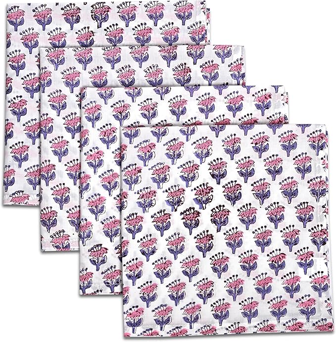 CPC Pink Sapphire Indian Block Print Cotton Cloth Napkins Set of 4, 18x18 Reusable Everyday Napkins, Soft, Absorbent, Floral Dinner Napkin, Holiday, Party Gift, Spring,Mother's Day