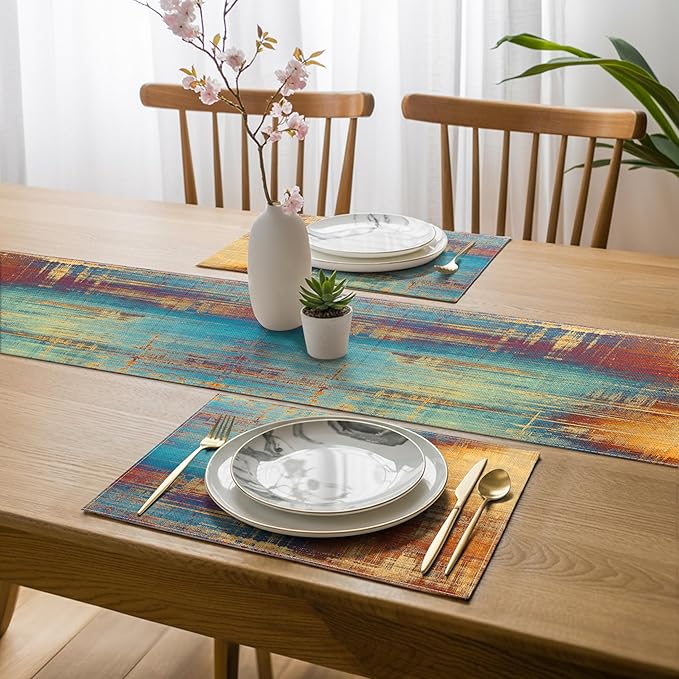 Blue and Orange Table Runner and Placemats Set of 6 Farmhouse Washable Linen Place Mats Rustic Abstract Art Table Decor for Kitchen Dining Coffee Outdoor Party (Orange and Blue, 13"x71"+12"x18")