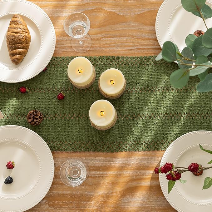 Keketoarrange Boho Sage Green Table Runner for Spring Home Decorations 12x72 Inches Farmhouse Small Macrame Woven Burlap Rustic Coffee Dresser Table Runner Dining Kitchen Centerpiece Bohemian Decor